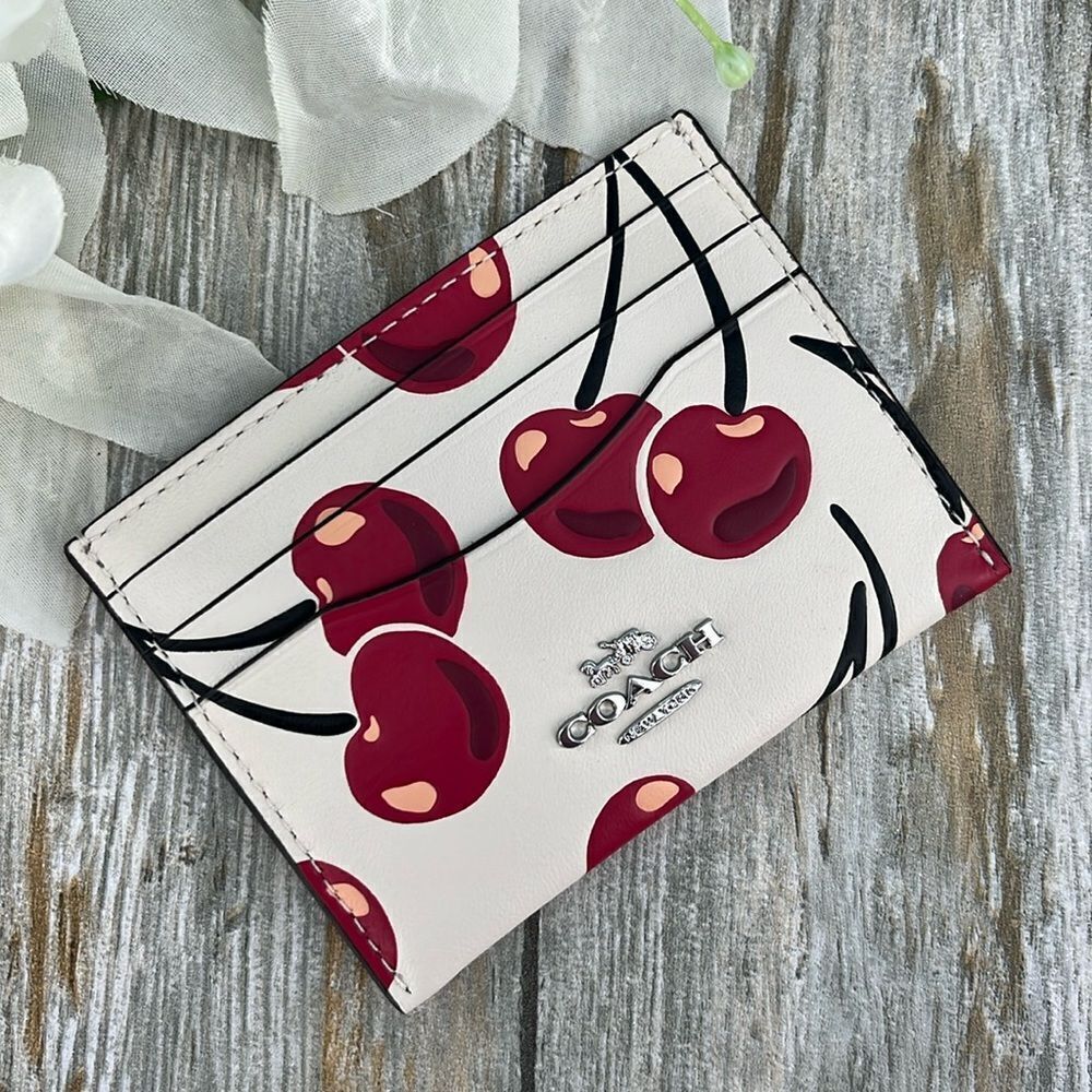 Coach Slim Id Card Case With Cherry Print Bag Wallet Purse - Picture 1 of 6